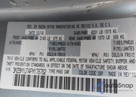 2015 Mazda Mazda3 I Sport from USA, damaged, VIN 3MZBM1U74FM178782